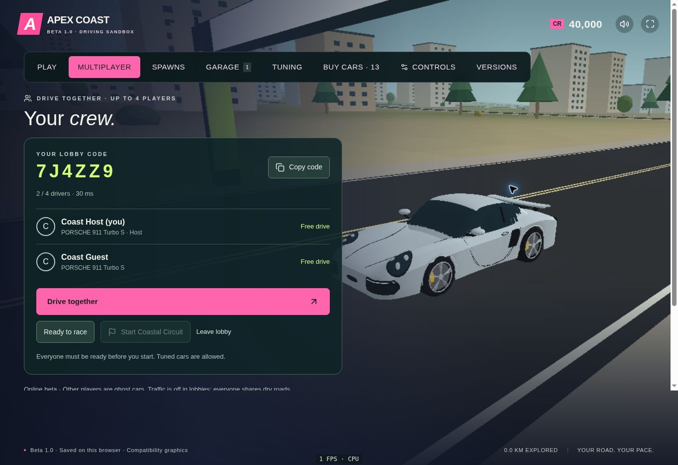 A white Porsche in the Apex Coast driving world