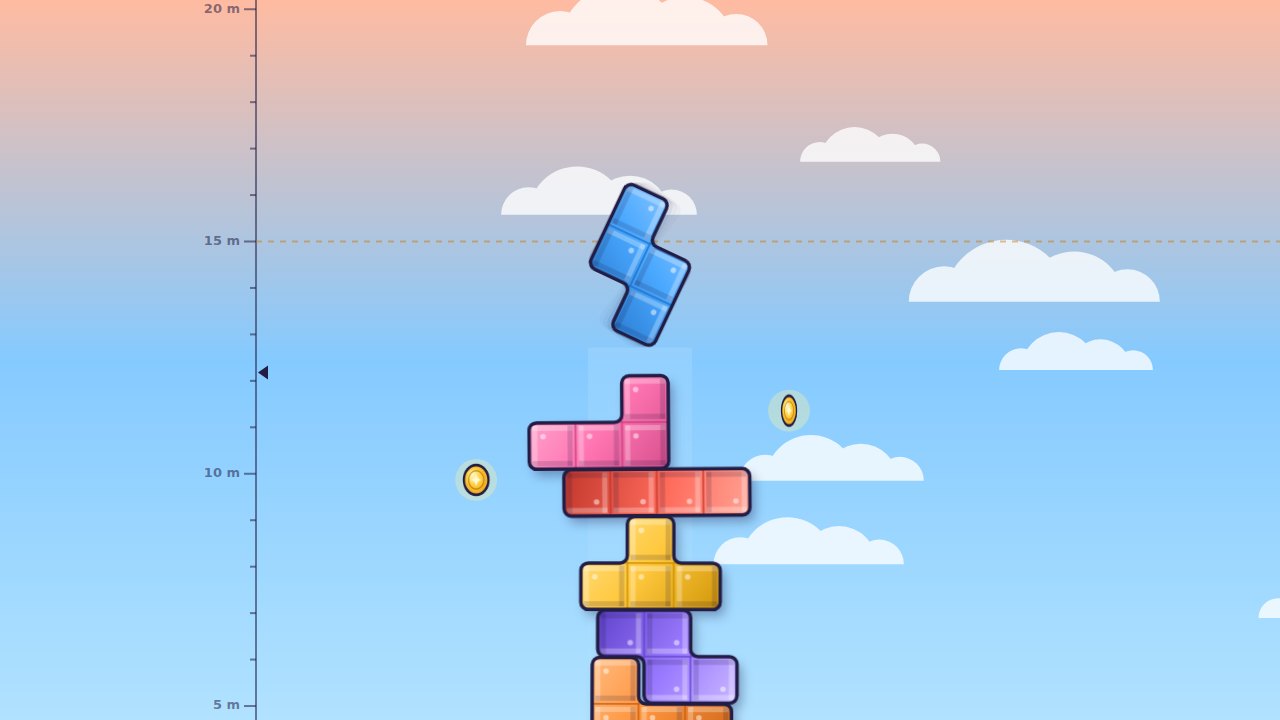 A tall tower of colorful blocks balanced on a stone table at sunset in Tiltstack