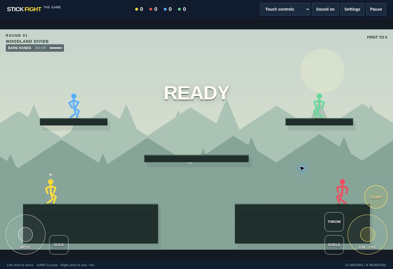 Colorful stick fighters on platforms in a mountain arena